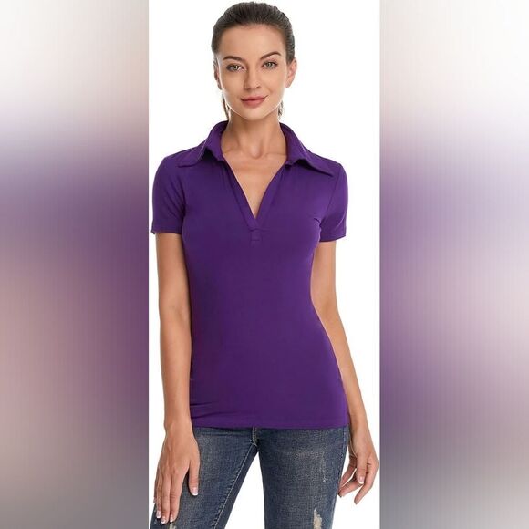 AmélieBoutik Women Collared V Neck Short Sleeve Polo Shirt Purple S - Picture 1 of 9